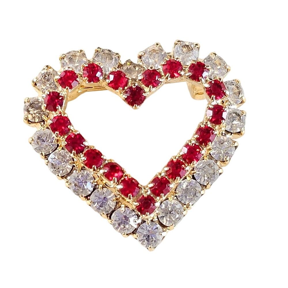 Rhinestone Heart Brooch Red Clear Gold Tone Open Center Pin 1" Valentine Gift